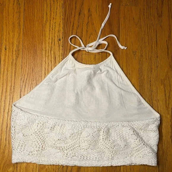 White Crocheted Halter Crop Top, Summer Festival Top L - Picture 2 of 4